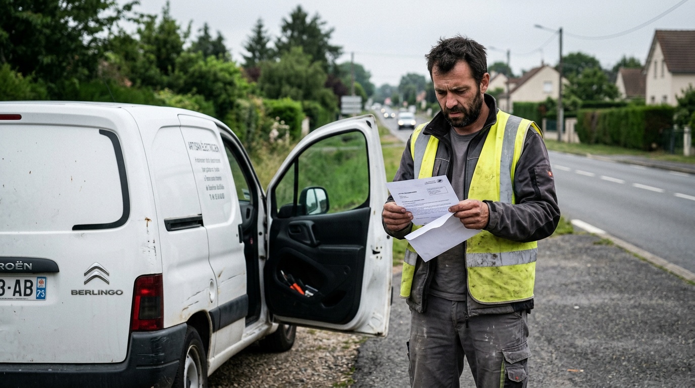 Chauffeur professionnel consulte un courrier de résiliation d'assurance pour non-paiement devant sa camionnette