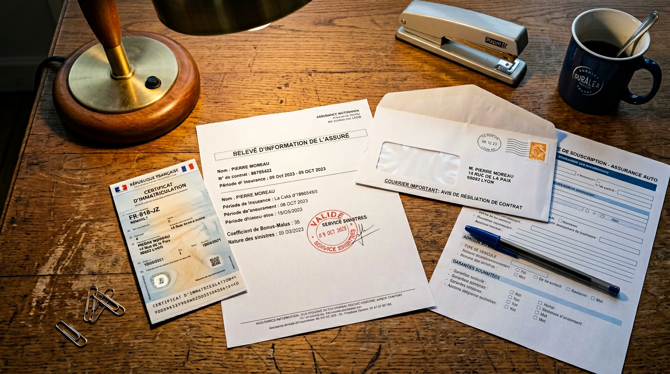 Gros plan sur les documents d'un dossier de résiliation assurance: relevé d'information, courrier recommandé, lettre de résiliation