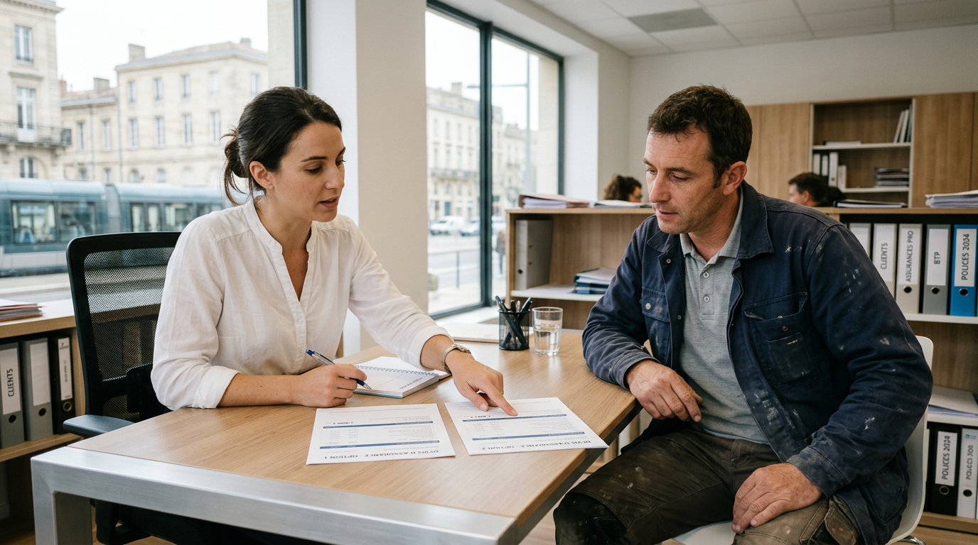 Professionnel indépendant sur son smartphone compare des devis assurance véhicule professionnel dans son bureau