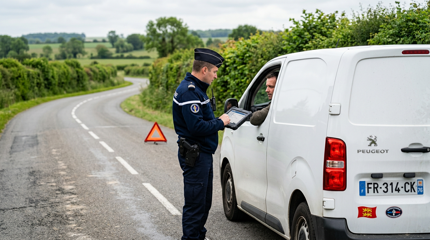 Contrôle routier d'un véhicule utilitaire professionnel par les forces de l'ordre sur une nationale française
