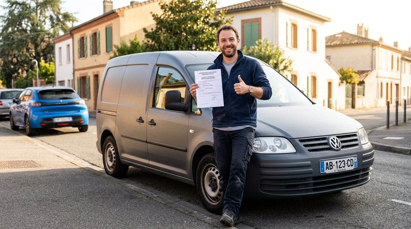 Artisan professionnel satisfait devant sa camionnette assurée, souriant après avoir signé son nouveau contrat d'assurance