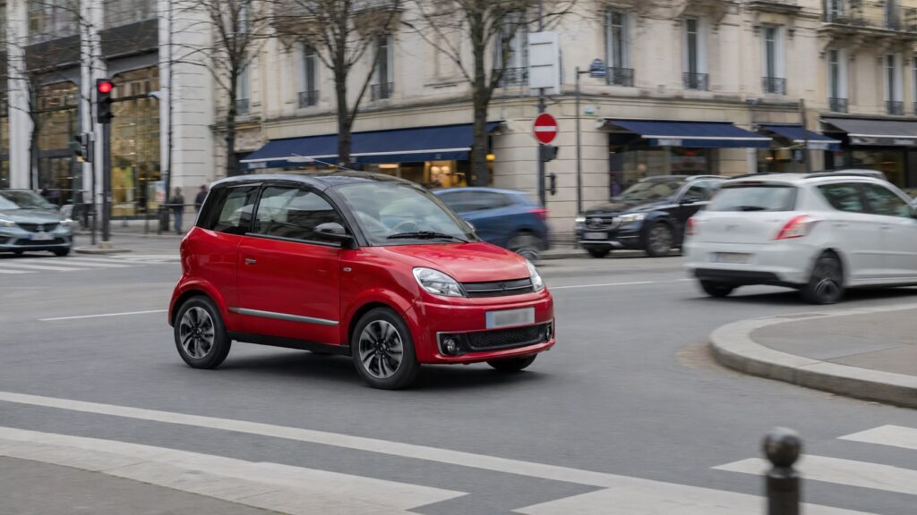 voiturette sans permis rouge circulant en ville