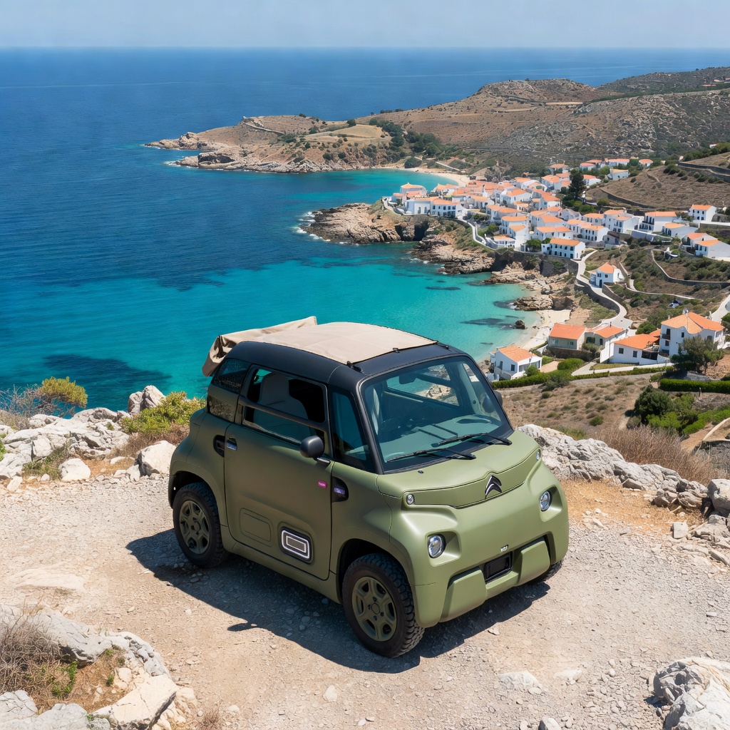 Citroën ami kaki garé en bord de mer , journée d'été ensoleillé