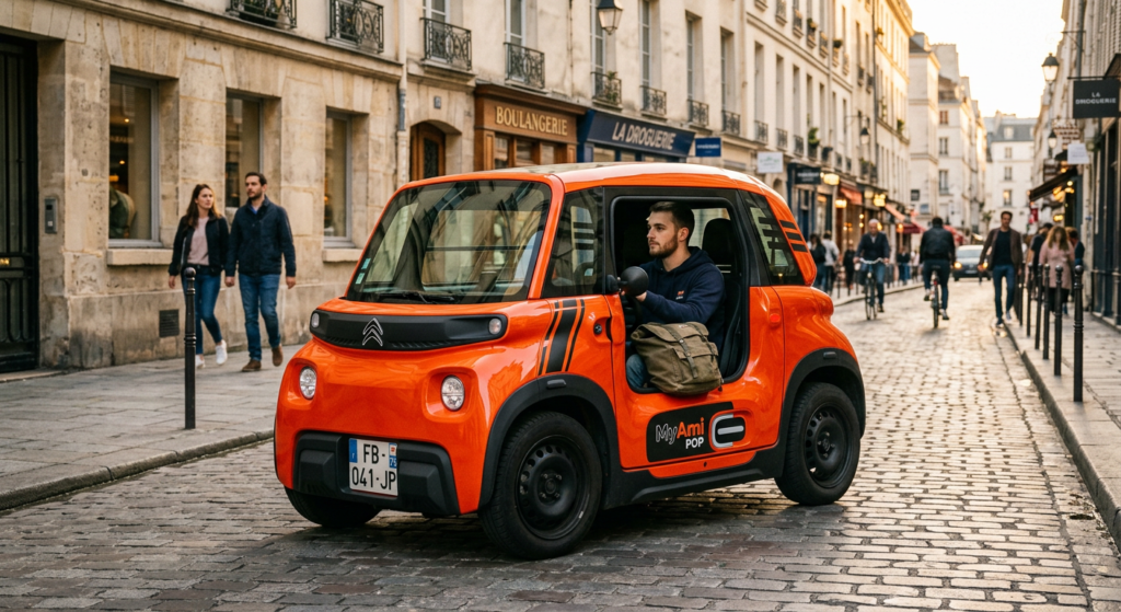 citroen ami ornage my pop dans une rue parisienne 