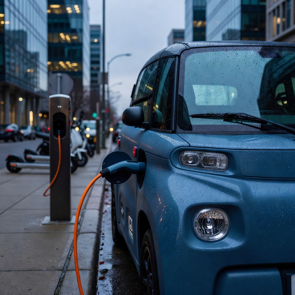 a blue-grey Citroën Ami plugged into a public charging station on a city sidewalk