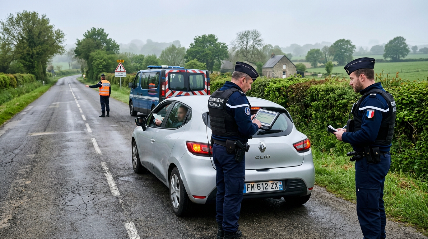 Gendarme vérifiant l'attestation d'assurance d'un conducteur lors d'un contrôle routier en France
