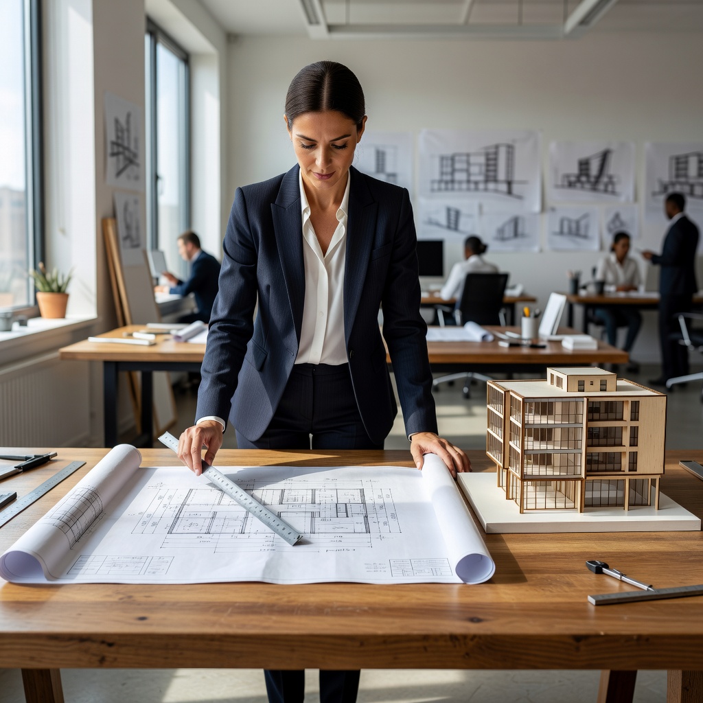 femme architecte debout devant les plans qu'elle etudie