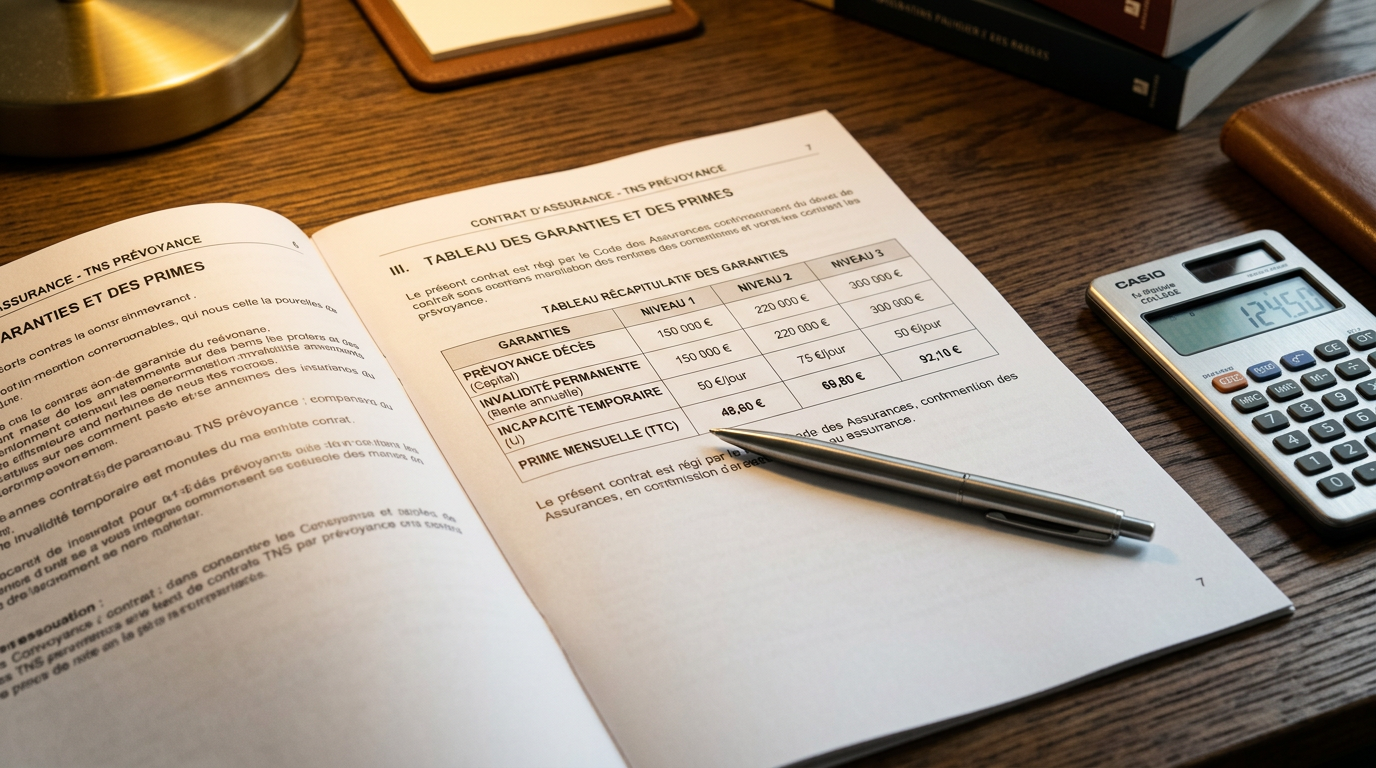 Gros plan sur un contrat de prévoyance TNS posé sur un bureau avec une calculatrice