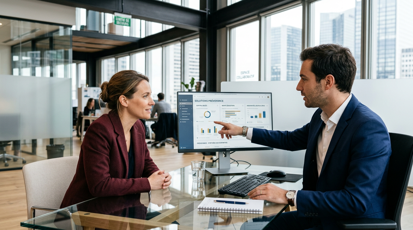 Conseiller en assurance montrant des options de prévoyance sur un écran à un chef d'entreprise