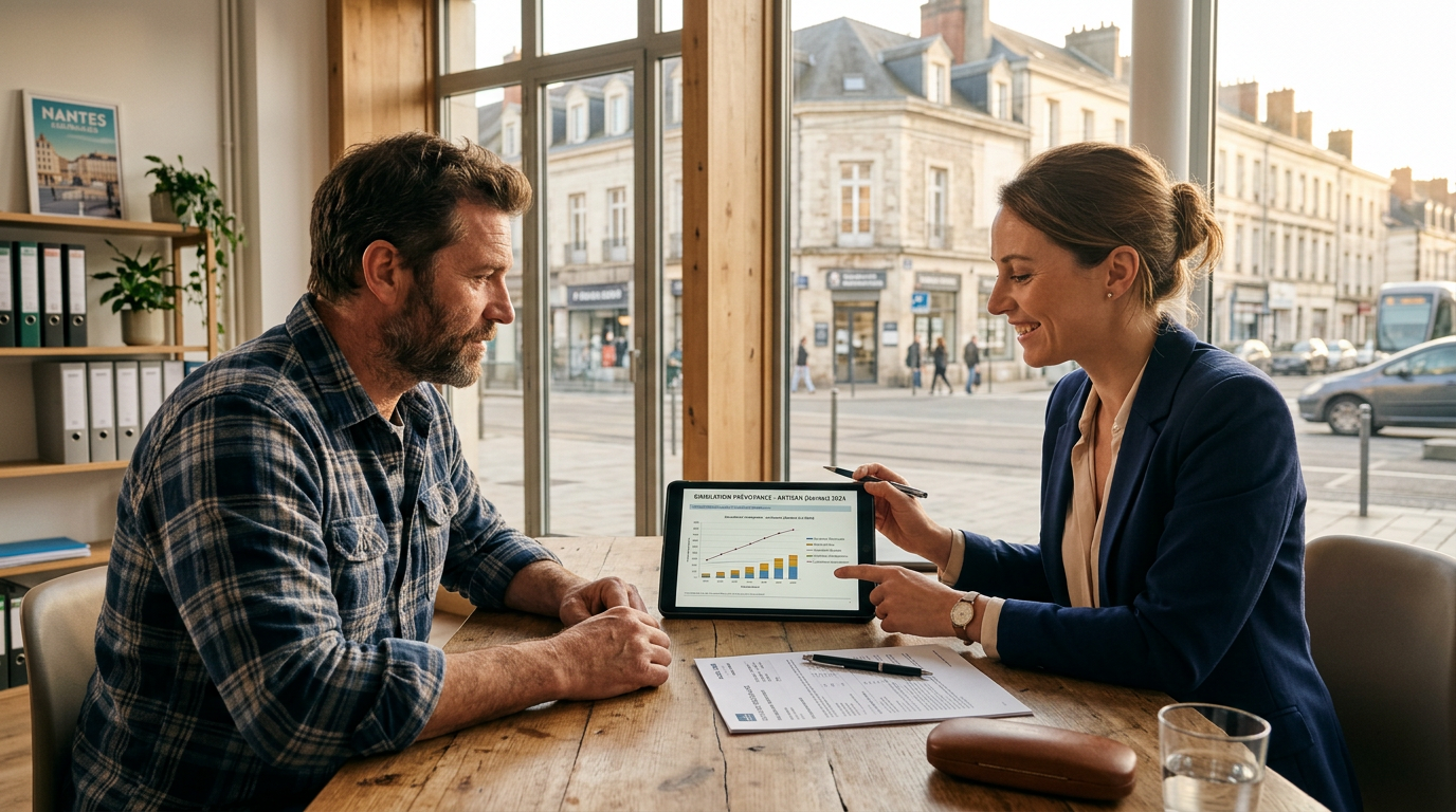 Artisan du BTP en rendez-vous avec un courtier pour souscrire un contrat de prévoyance TNS