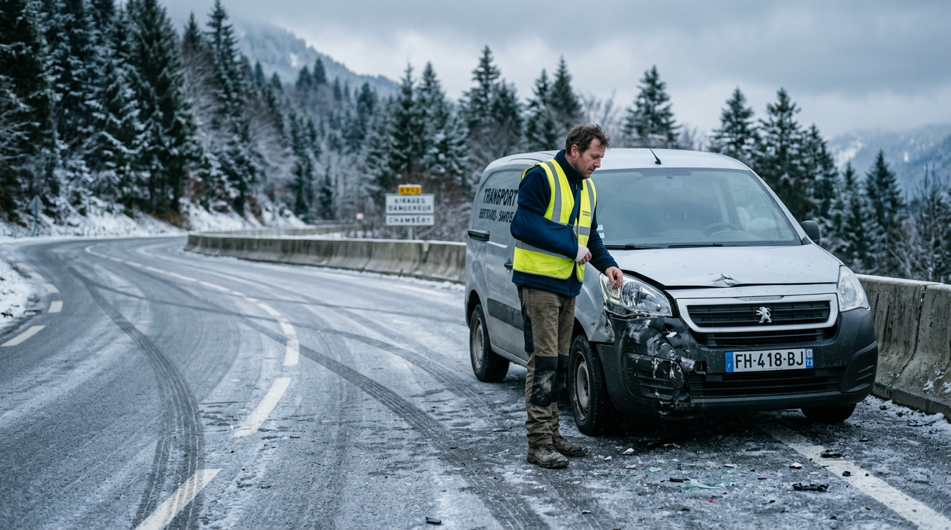 Indépendant itinérant accidenté sur la route, voiture immobilisée sur le bas-côté d'une route nationale française