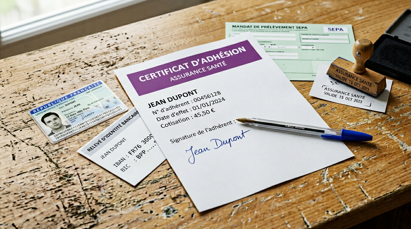 Document de certificat d'adhésion prévoyance TNS posé sur un bureau avec cachet de courtier en assurance