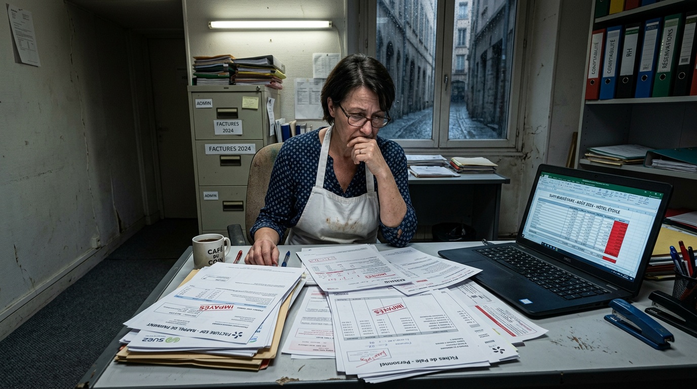 Hôtelier indépendant stressé face à des factures impayées suite à un arrêt maladie prolongé