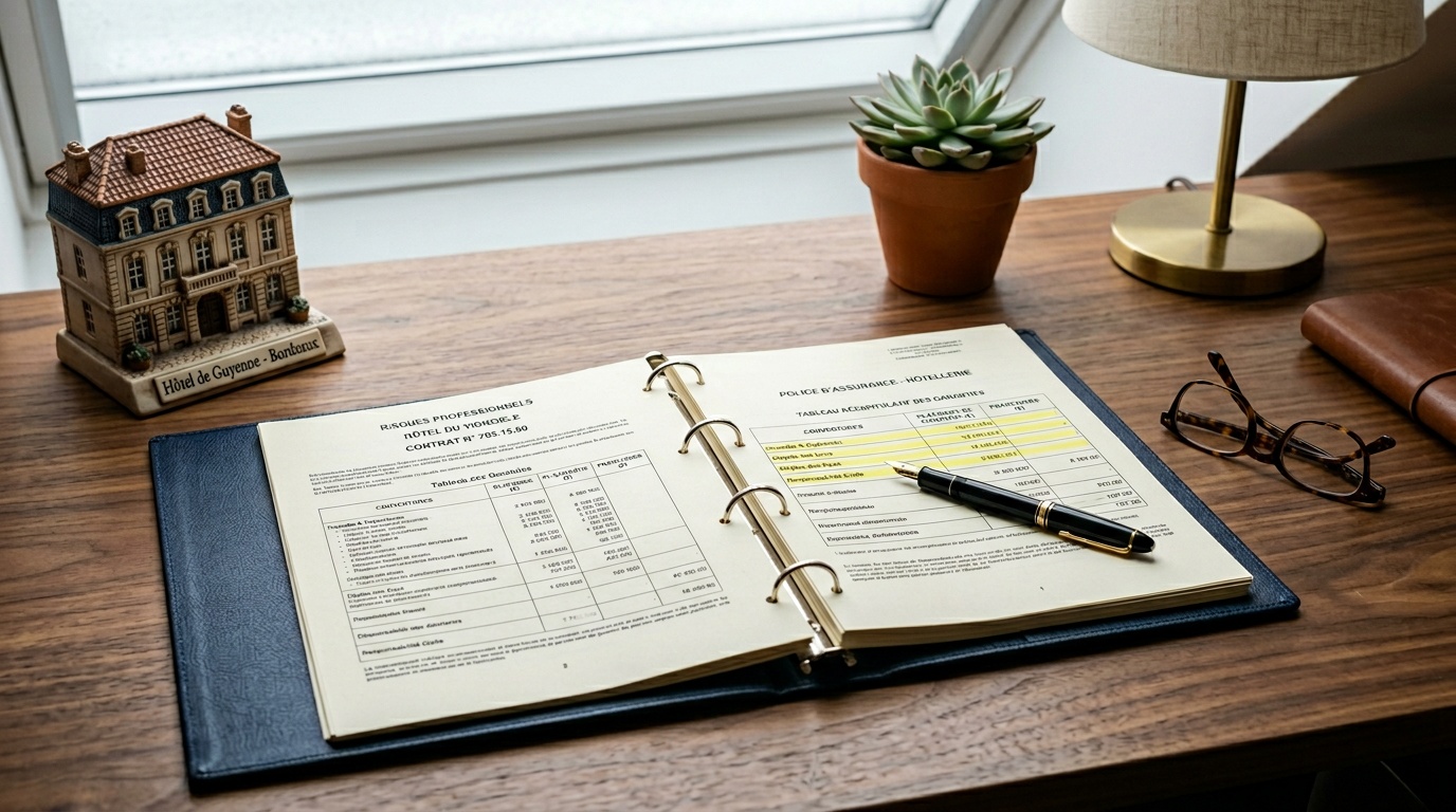Documents de contrat de prévoyance TNS hôtellerie posés sur un bureau avec tableau de garanties