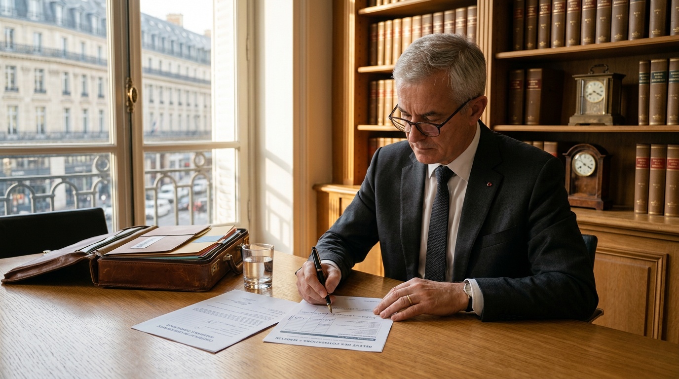 Inspecteur vérifiant la conformité d'un contrat de prévoyance TNS dans un bureau administratif