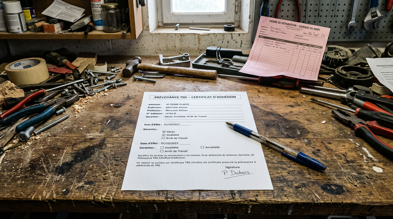 Document officiel de prévoyance TNS et certificat d'adhésion posés sur un bureau de courtier en assurance