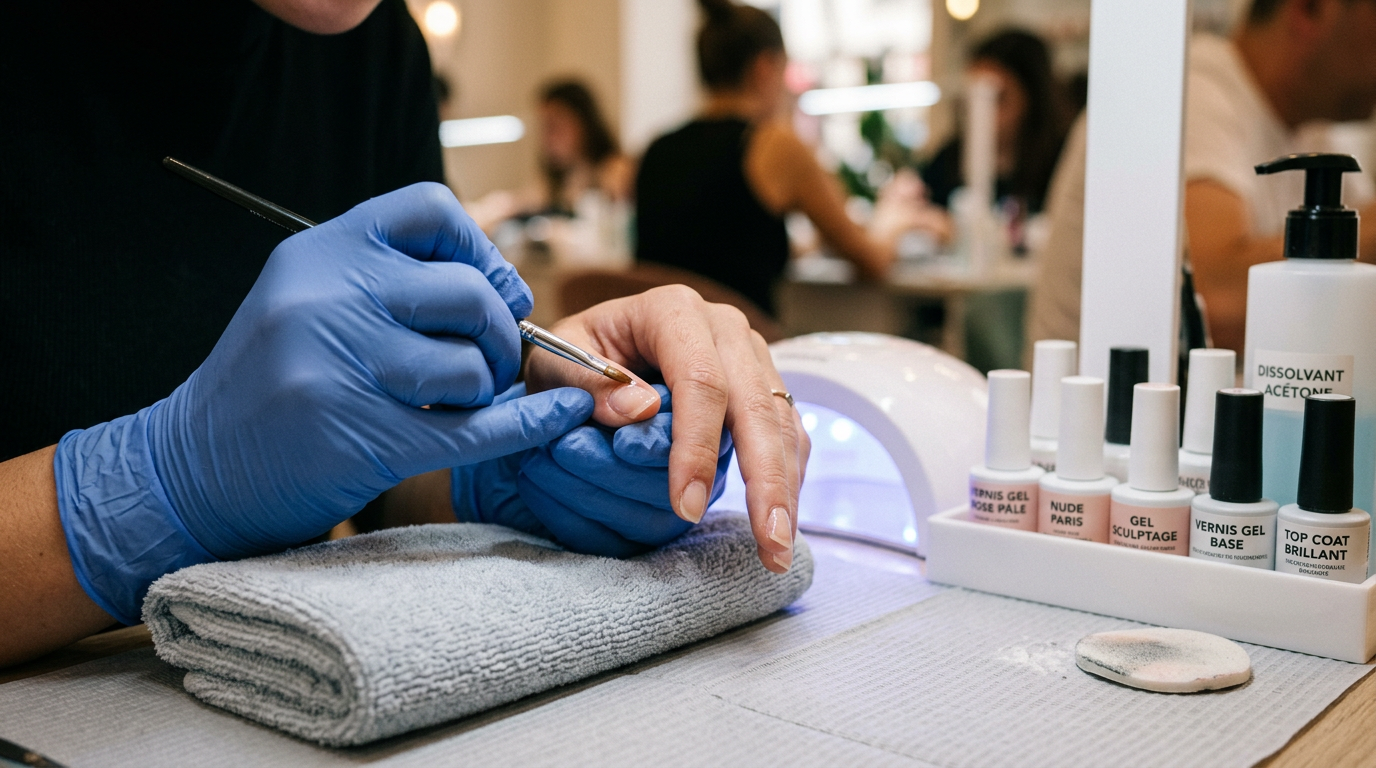 Gros plan sur les mains d'une prothésiste ongulaire au travail, matériel professionnel visible