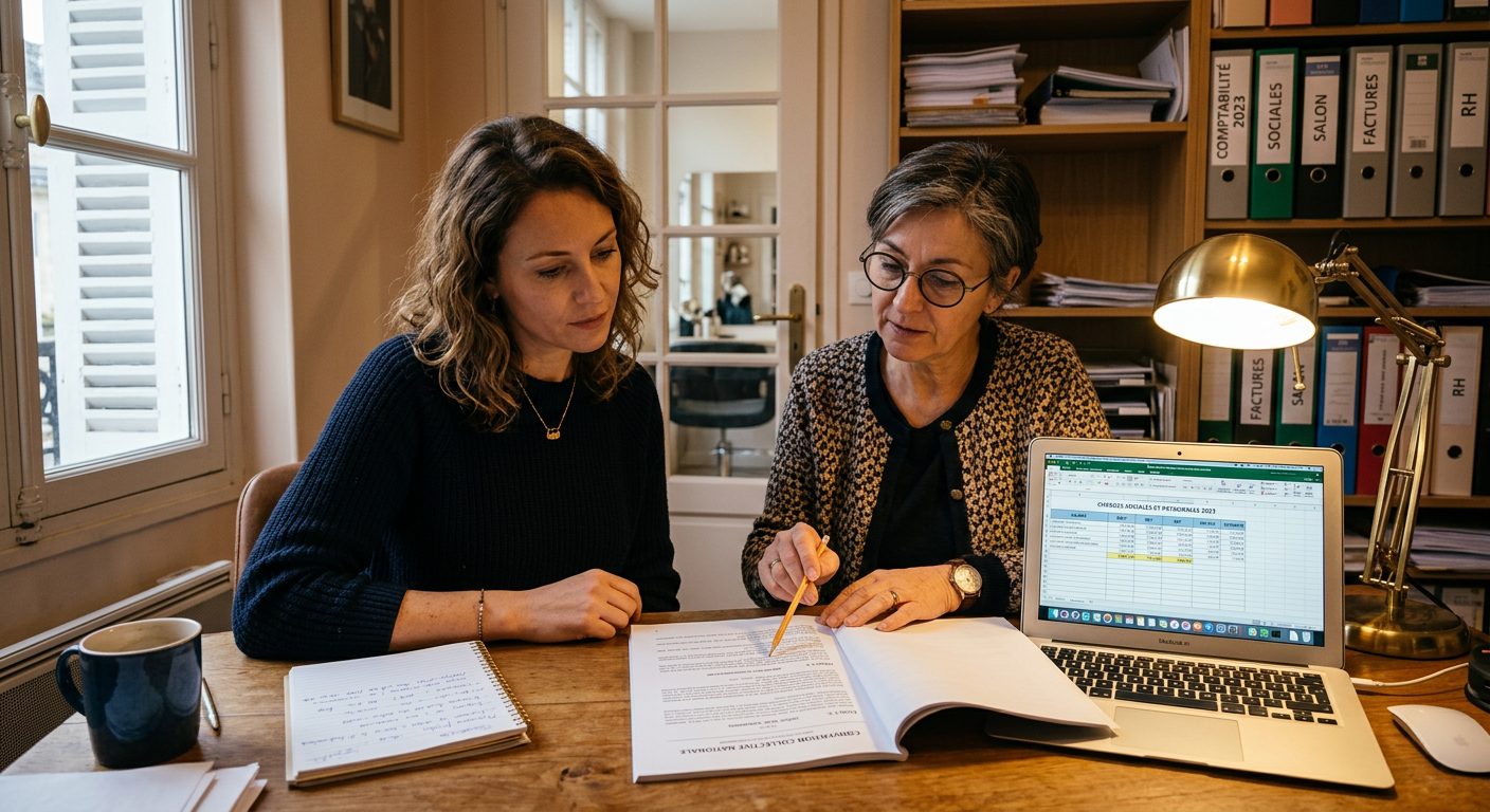 Esthéticienne signant des documents administratifs liés à sa prévoyance TNS dans un bureau moderne à Paris