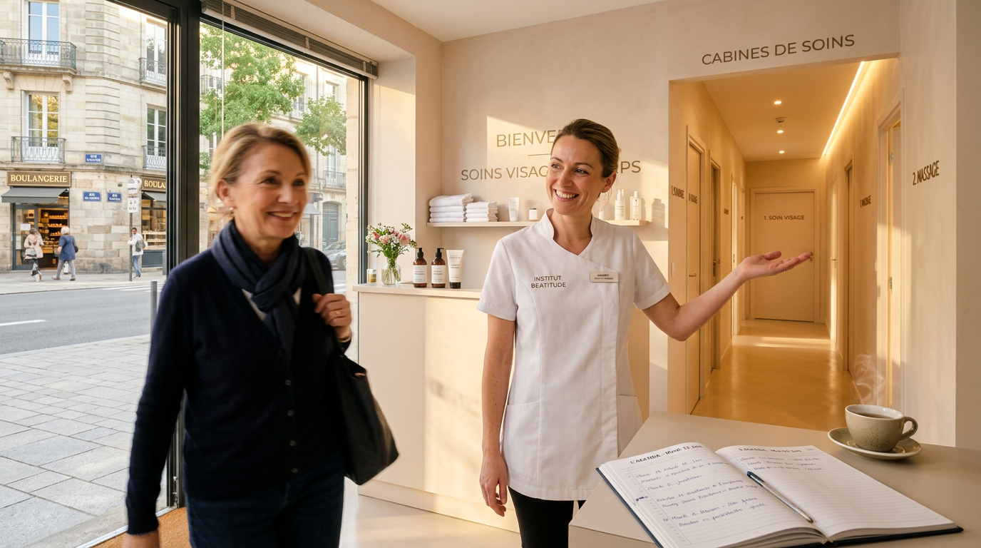 Esthéticienne sereine dans son institut de beauté, protégée par une prévoyance TNS adaptée à son activité