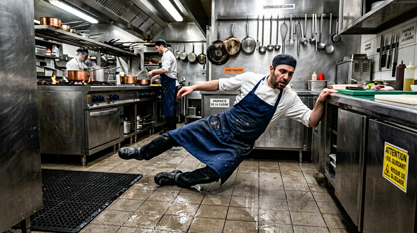 Gérant de restaurant TNS en arrêt de travail, regardant ses factures impayées sur son comptoir