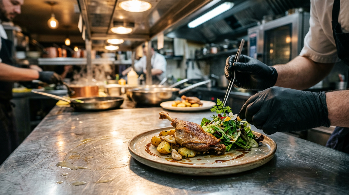 Cuisine professionnelle de restaurant avec ustensiles et plaques de cuisson, illustration des risques physiques du métier
