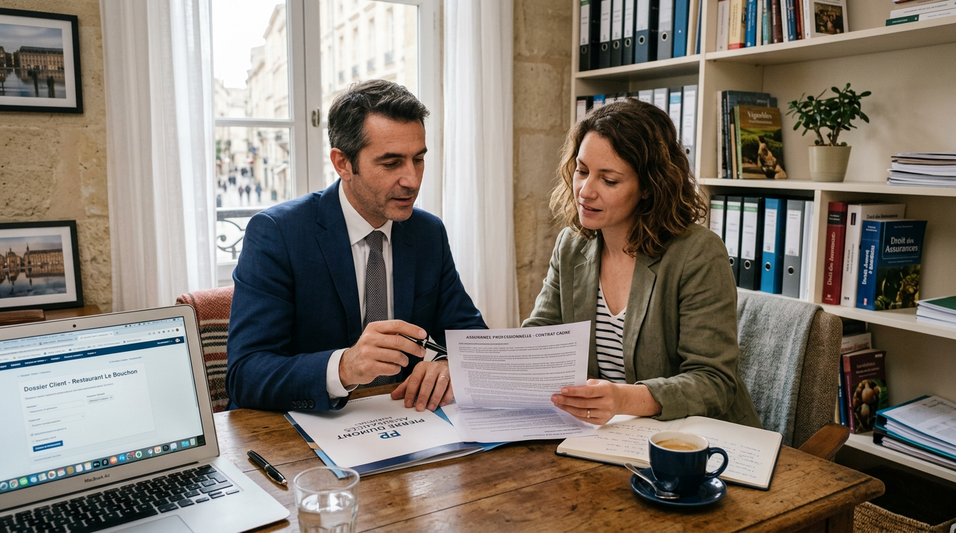 Gérant de restaurant signant un contrat de prévoyance TNS avec un conseiller dans un bureau