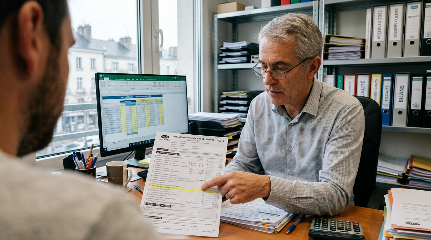 Gérant de restaurant examinant un document de réglementation prévoyance TNS avec son expert-comptable