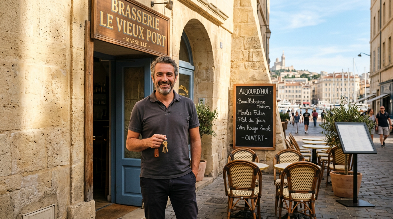 Gérant de restaurant souriant devant son établissement rouvert après un arrêt de travail, protection prévoyance TNS