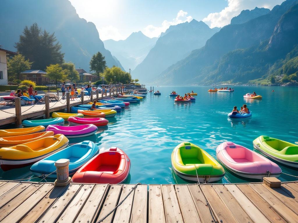 Flotte de pedalos colores amarres a un ponton en bois sur un lac calme en ete, base nautique de loisir