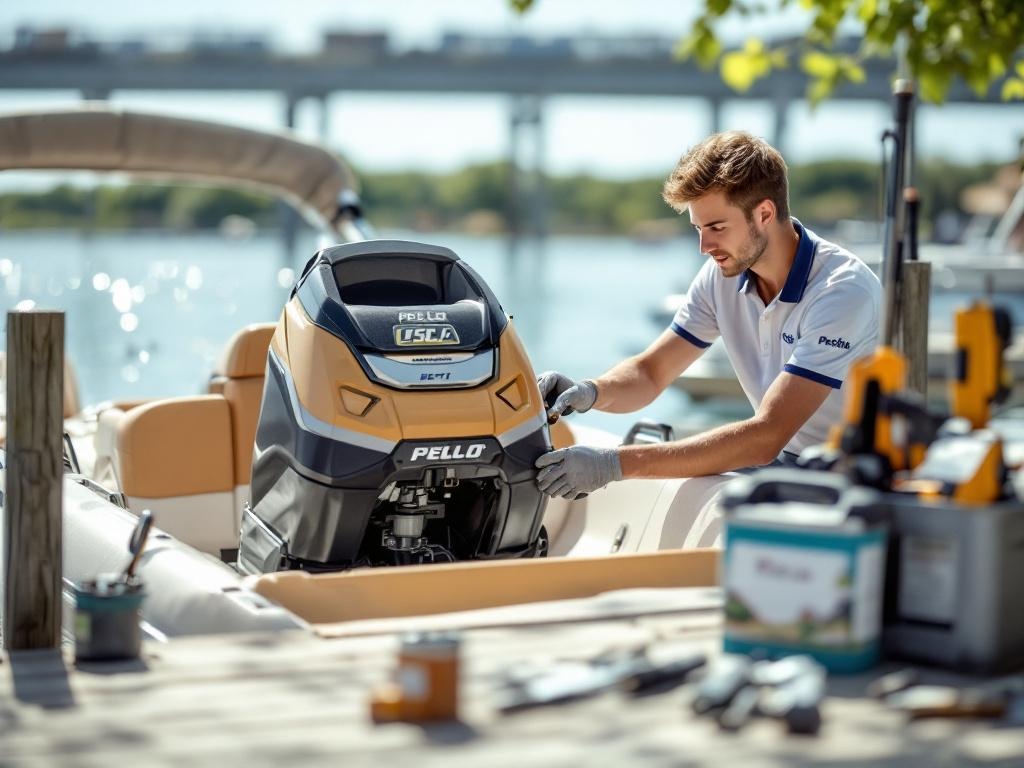 Employe saisonnier en polo de travail verifiant la coque d'un pedalo avant mise a l'eau sur un lac