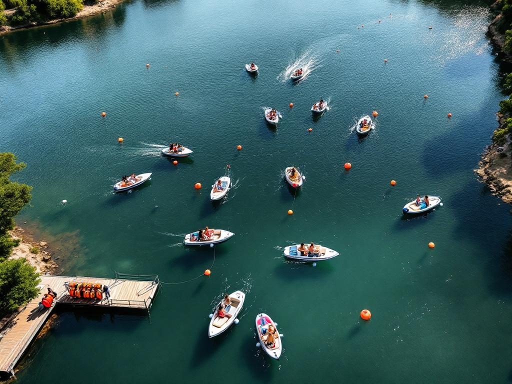 Vue aerienne d'une zone de navigation balisee sur un lac avec plusieurs pedalos en activite et un ponton d'accueil