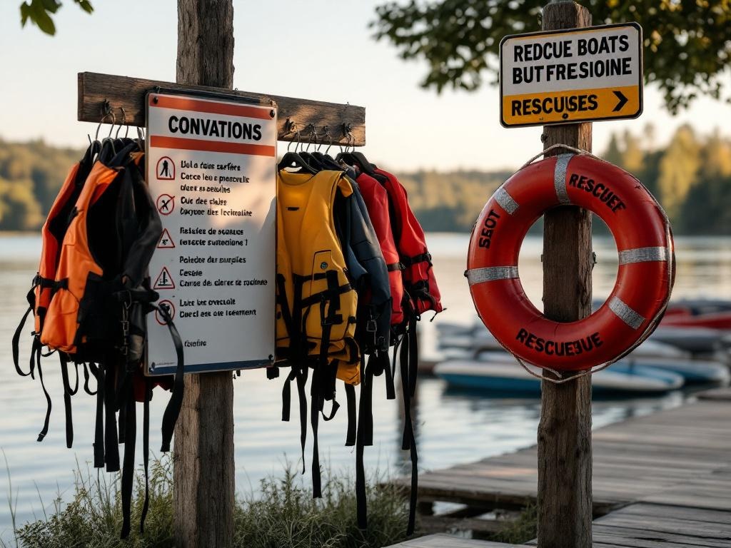 Poste de surveillance d'une base nautique de pedalos avec gilets de sauvetage accroches et panneau de consignes de securite