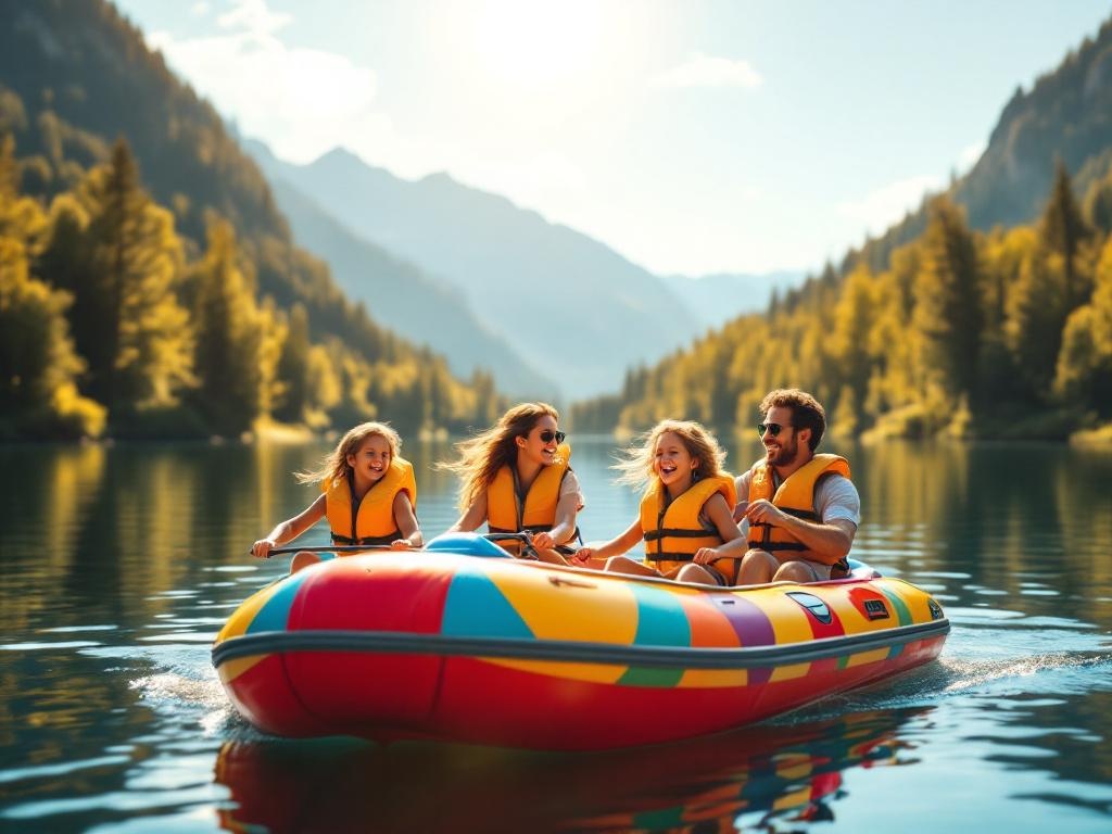 Famille souriante a bord d'un pedalo sur un lac de montagne entoure de forets, journee ensoleillee d'ete