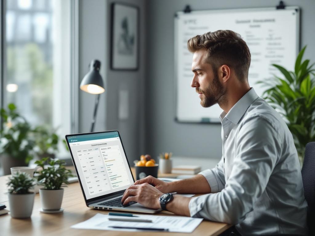 Gestionnaire de flotte VTC consultant des documents d'assurance sur un ordinateur portable dans un bureau moderne