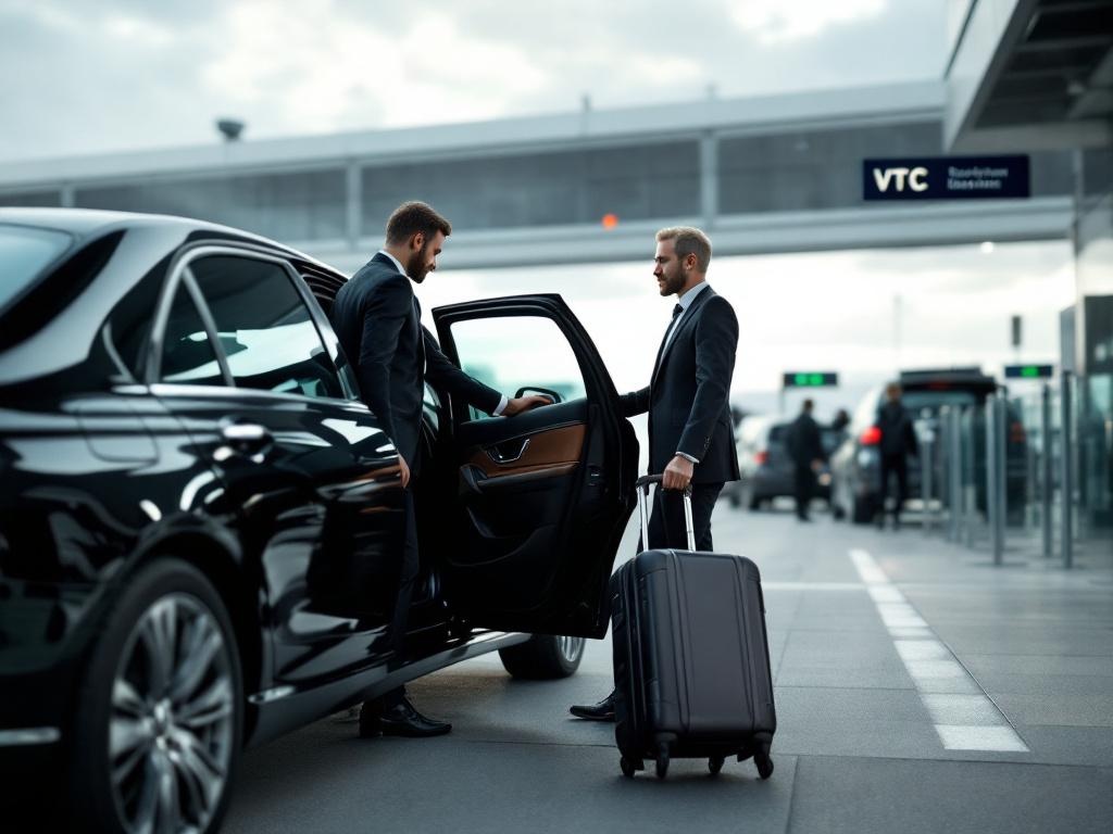 Chauffeur VTC en costume ouvrant la portière arrière d'une berline noire pour un passager devant un terminal d'aéroport