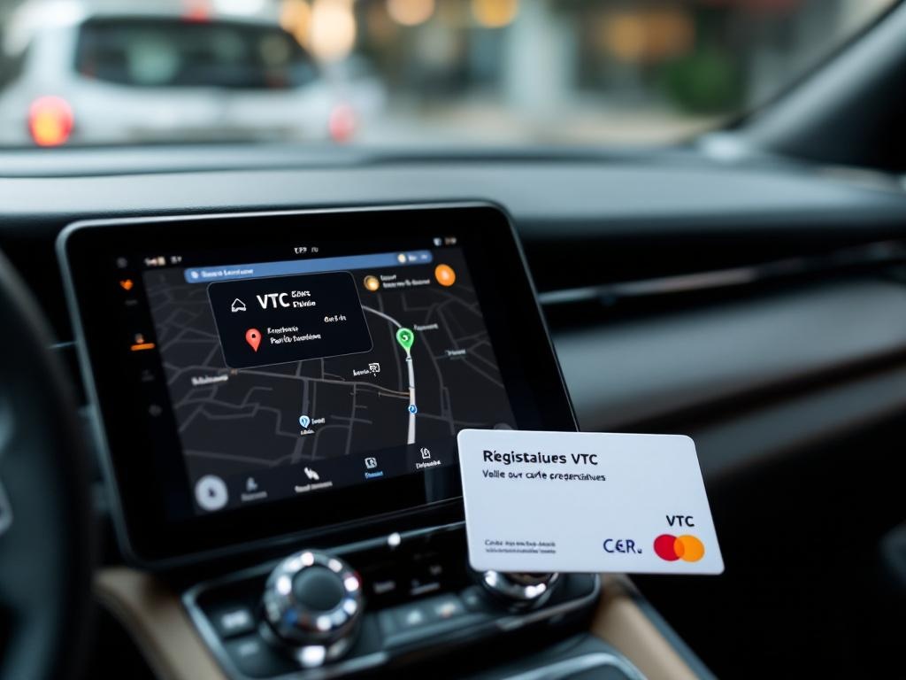 Tableau de bord intérieur d'un VTC avec GPS professionnel, tablette avec application de réservation et carte professionnelle