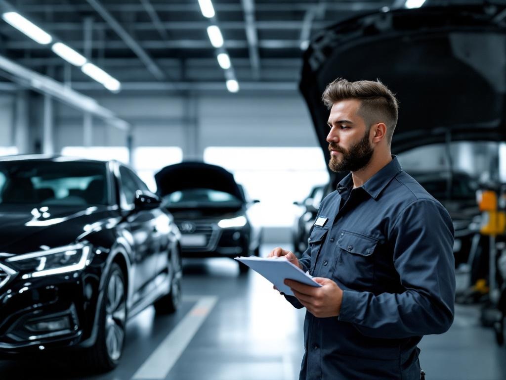 Mécanicien inspectant une berline noire VTC dans un garage professionnel, capot ouvert, fiche de contrôle en main