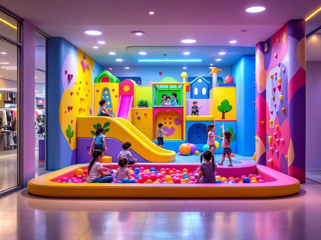 Petit parc récréatif intérieur coloré avec structures de jeux, piscine à balles et toboggans dans un centre commercial