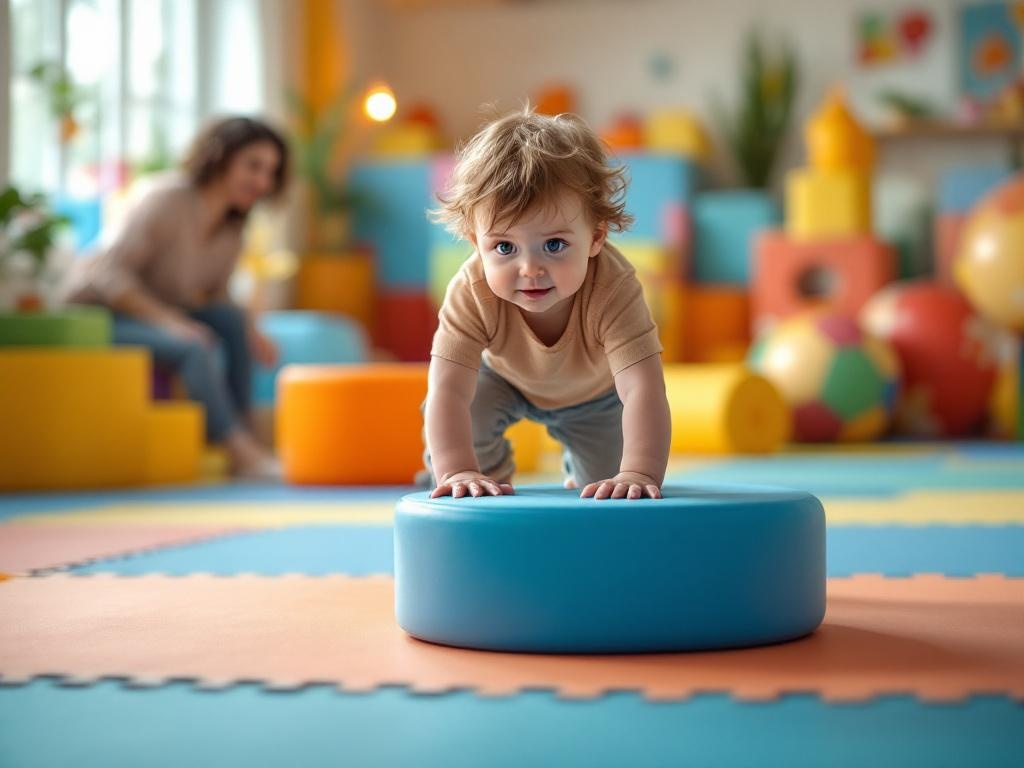 Enfant grimpant sur une structure de jeux en mousse dans un petit parc récréatif intérieur, sol amortissant coloré