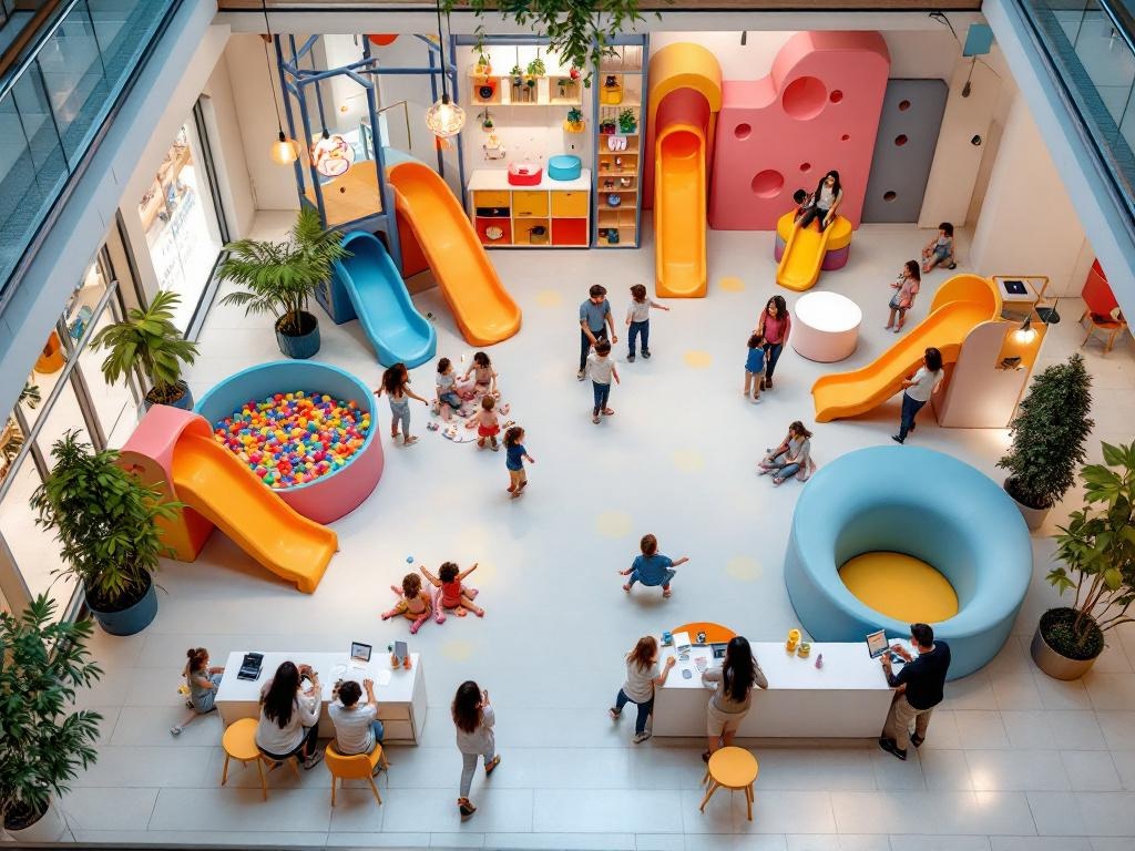 Vue aérienne d'un petit parc récréatif intérieur avec piscine à balles, toboggans et zone d'accueil dans un centre commercial