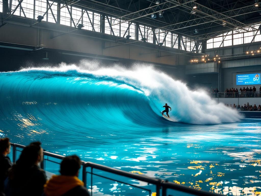 Simulateur de vague indoor avec un surfeur sur une vague artificielle, structure moderne avec éclairage LED