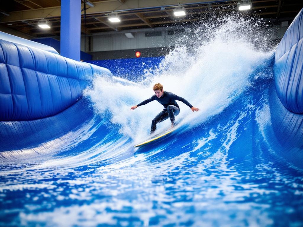 FlowRider en fonctionnement avec un adolescent en combinaison faisant du bodyboard sur la vague artificielle