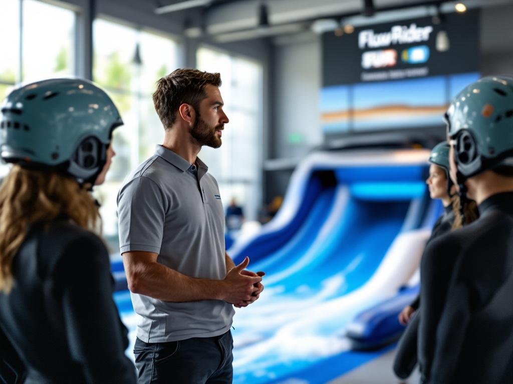 Briefing de sécurité dans un centre de surf indoor, instructeur expliquant les consignes à un groupe en combinaison