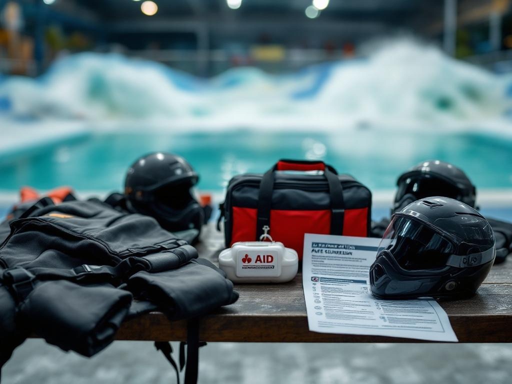 Équipement de sécurité pour surf indoor disposé sur un banc : combinaisons, casques, gilets d'impact et trousse de secours