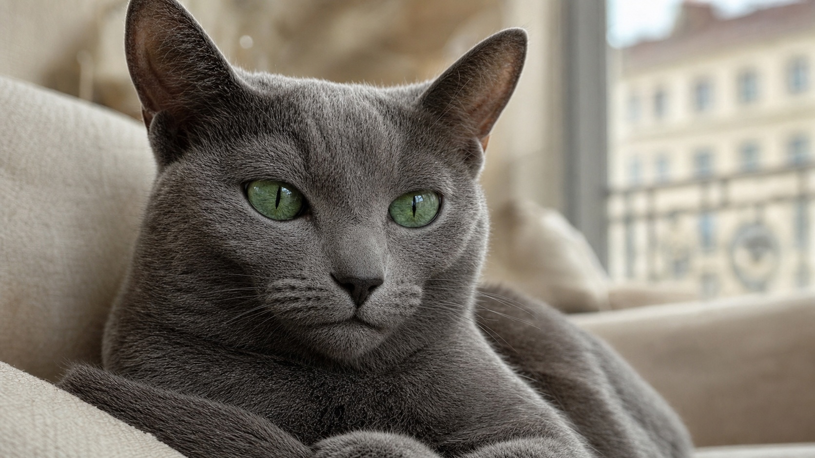 Gros plan sur le pelage soyeux argenté d'un Bleu Russe avec ses yeux verts caractéristiques