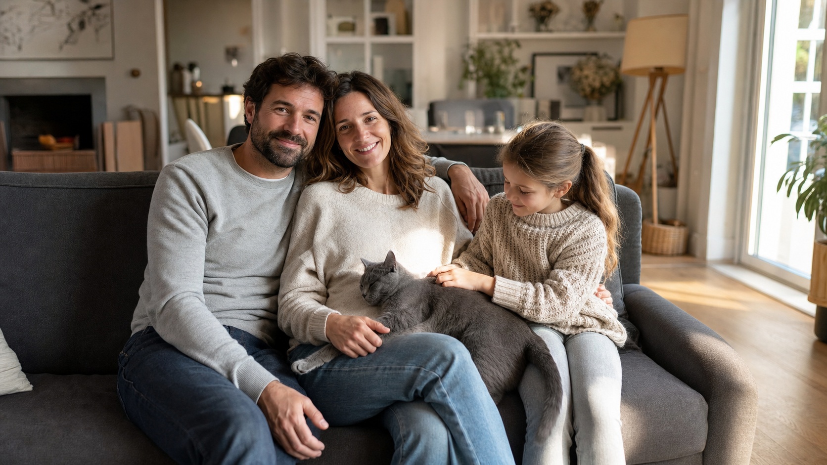Famille sereine avec leur Bleu Russe dans un salon lumineux, chat couché sur les genoux d'une femme souriante