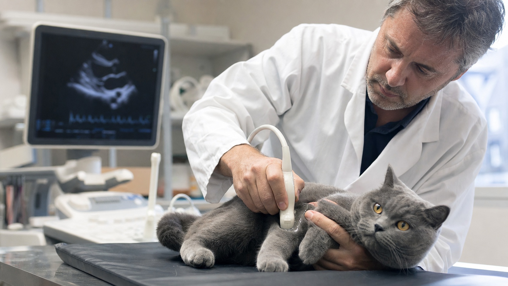 British Shorthair adulte assis chez le vétérinaire lors d'un bilan de santé annuel