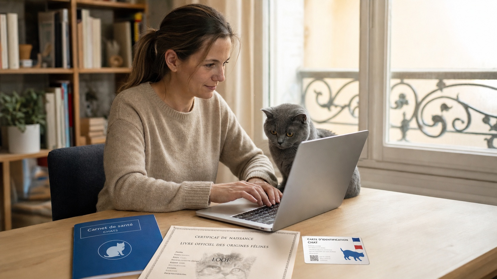 Propriétaire remplissant un formulaire de souscription d'assurance chat sur un ordinateur portable, carnet de santé vétérinaire posé à côté