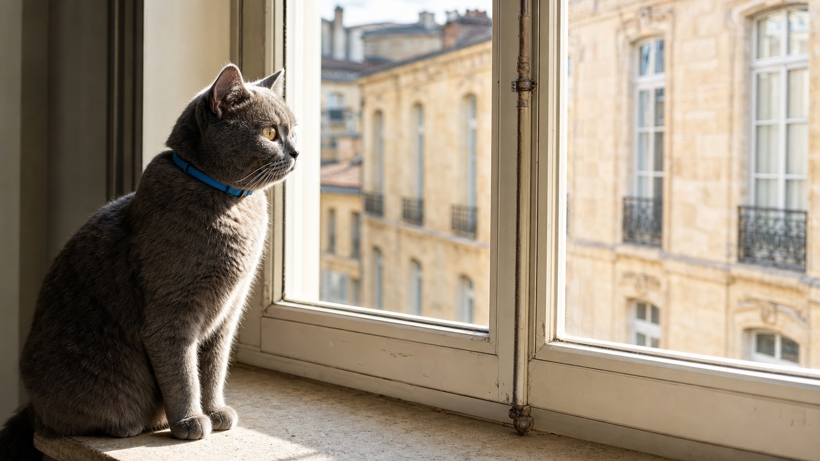 British Shorthair bleu portant un collier, photographié près d'une fenêtre ensoleillée dans un appartement haussmannien parisien