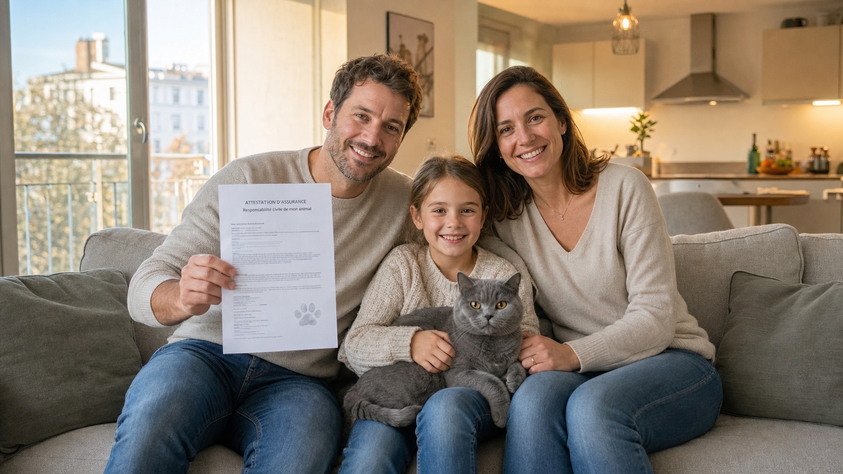 Famille souriante avec un British Shorthair dans un salon lumineux, propriétaires détendus tenant l'attestation d'assurance de leur chat